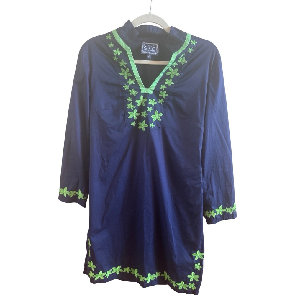 Sail To Sable Cotton Small Navy Blue Tunic Short Dress Green Flower Embroidery